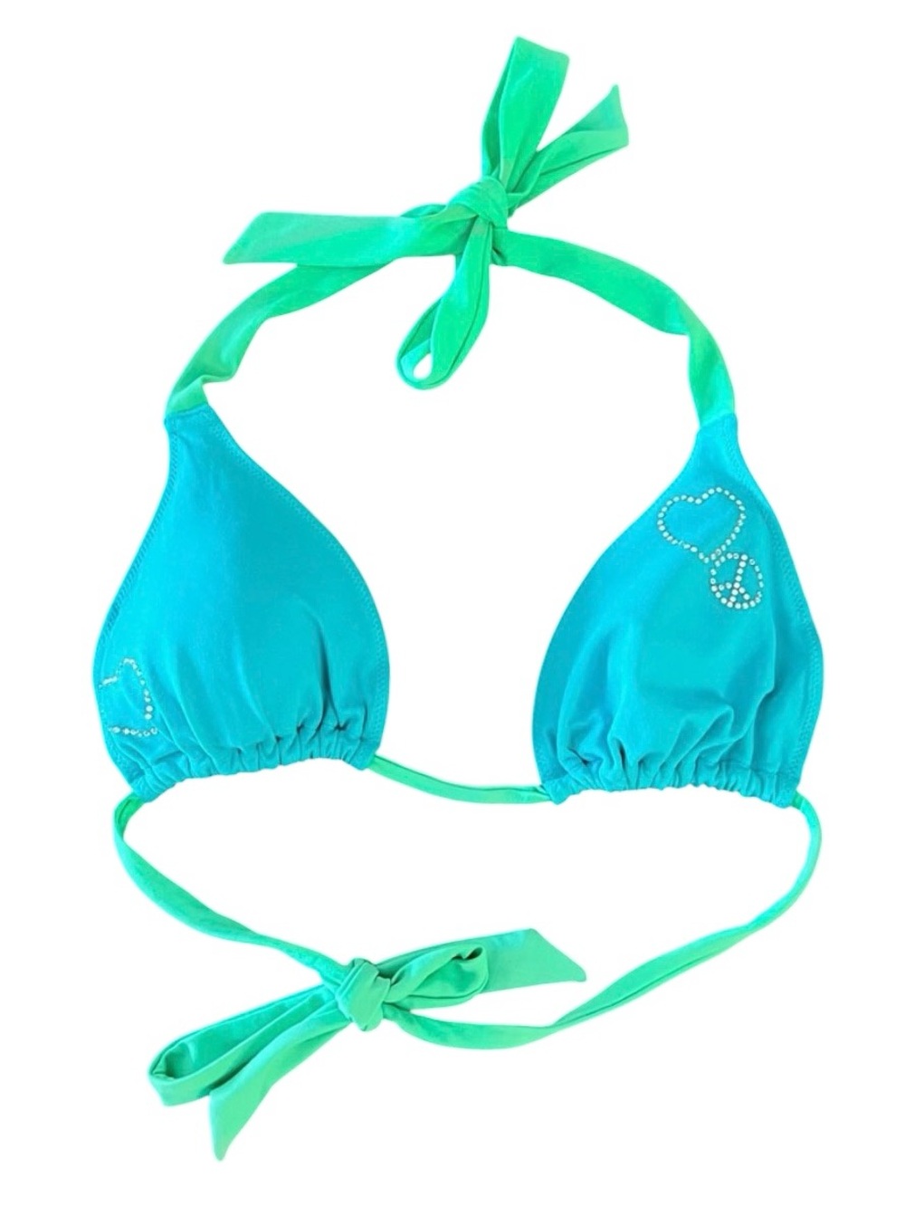 PINK Victoria's Secret Blue & Green Rhinestone Heart & Peace Sign Bikini Top L
